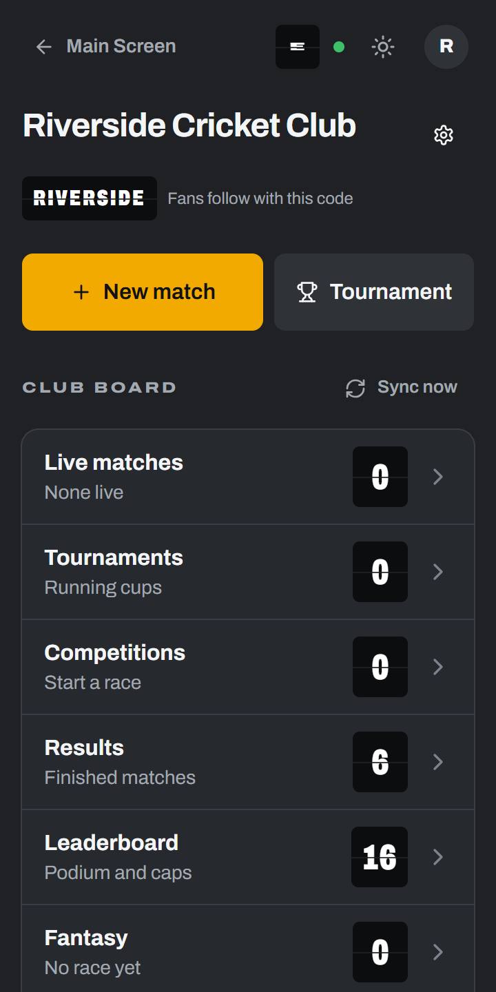 The club home: live matches, cups, results and the leaderboard in one place.