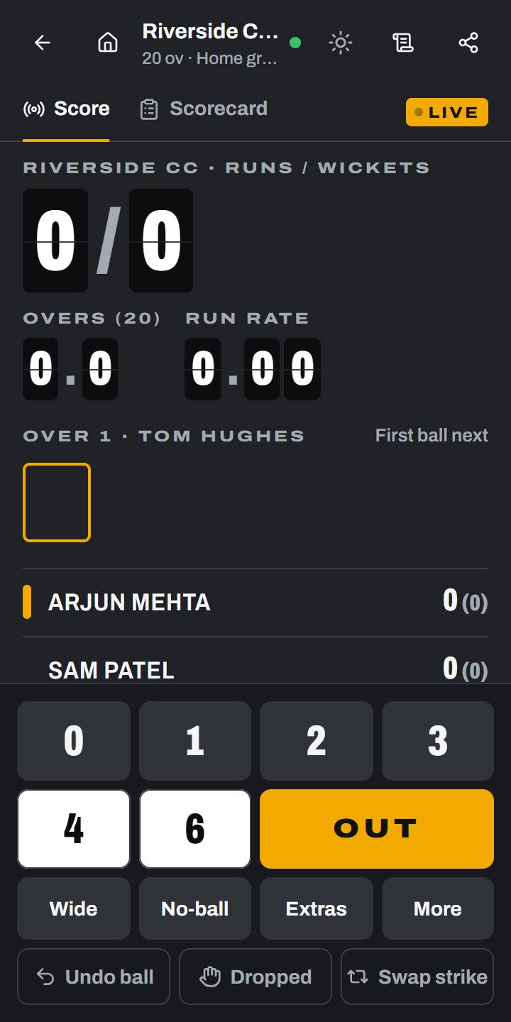 The scoring pad: the next ball is always one tap away.